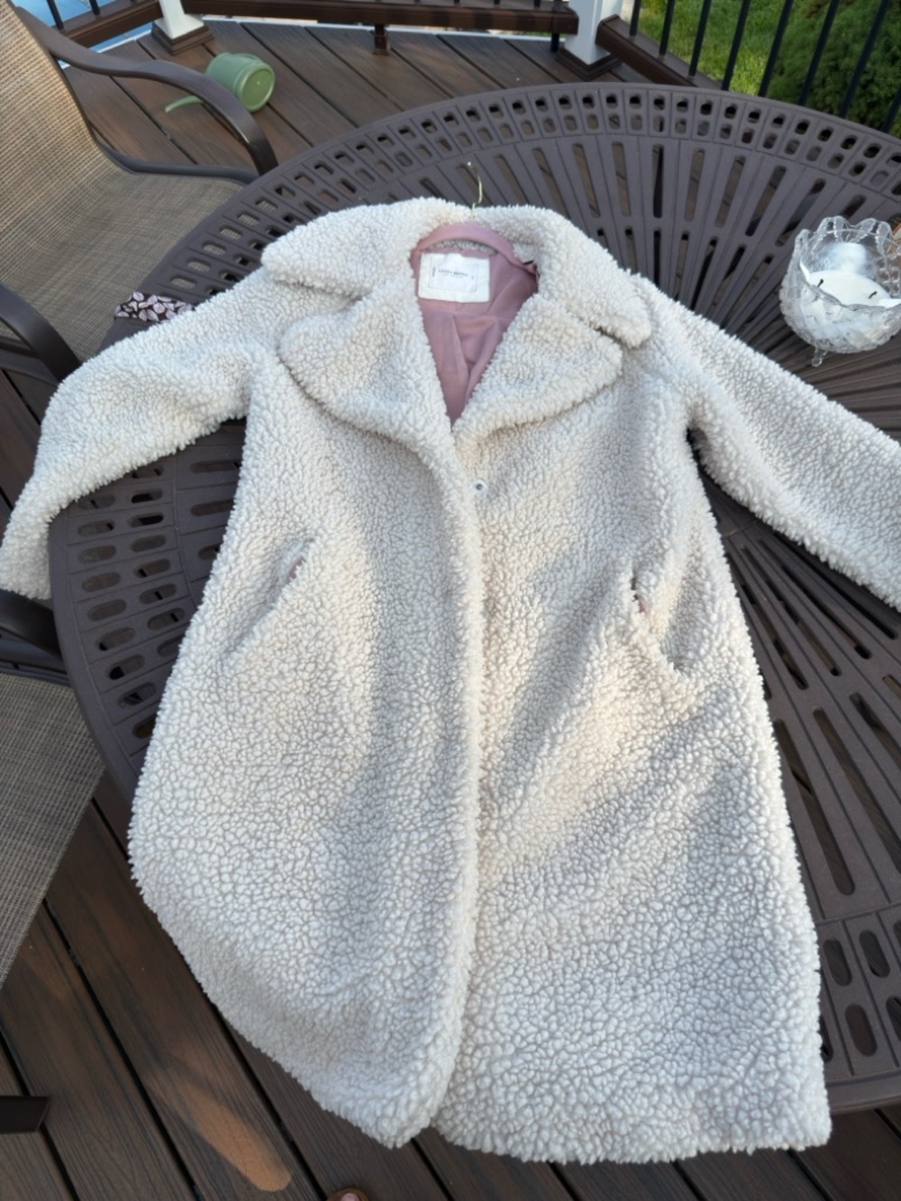 Lucky Brand oatmeal faux shearling snap front coat, sz med - Picture 8 of 13
